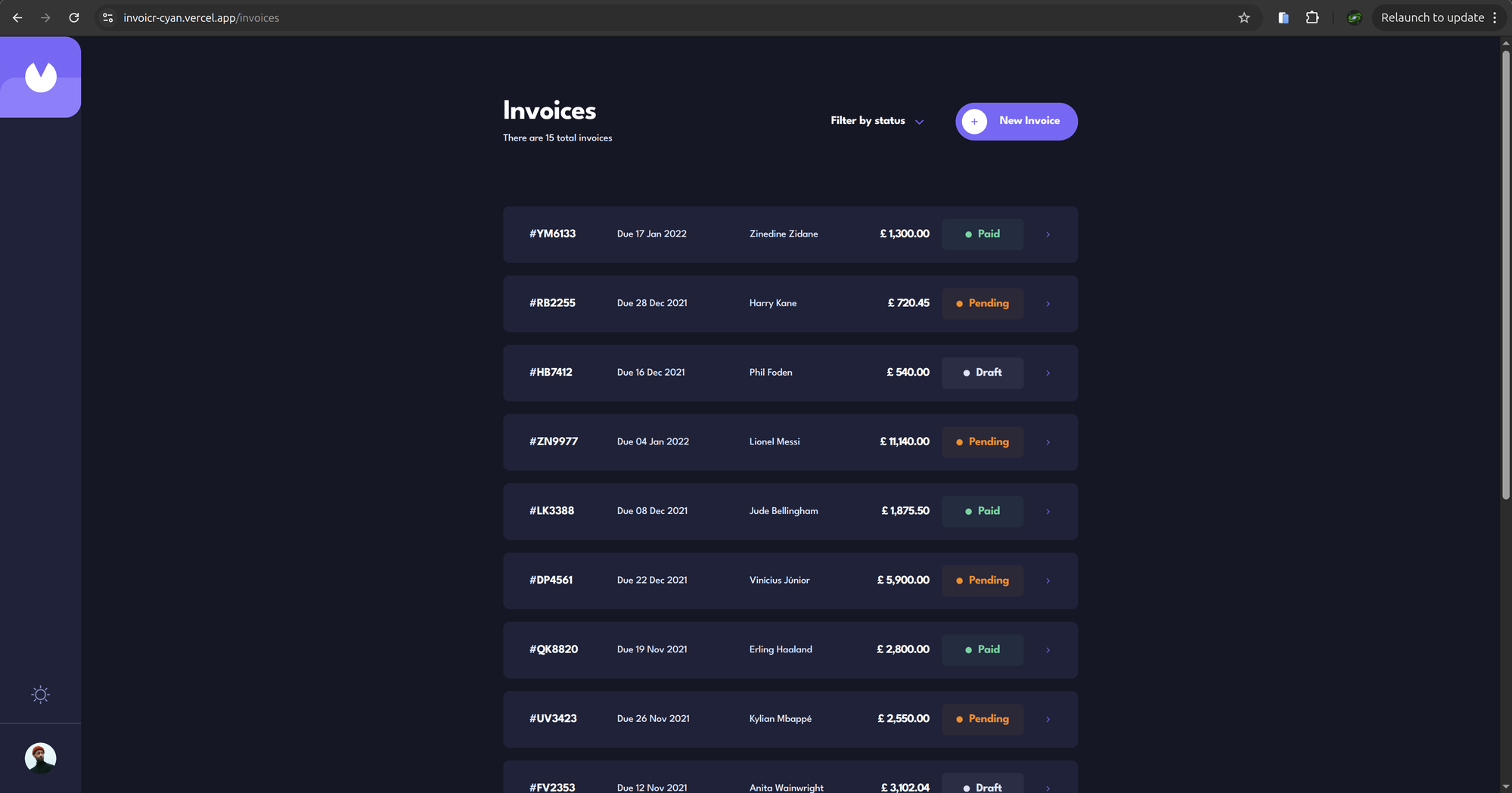 Invoices · filter + statuses